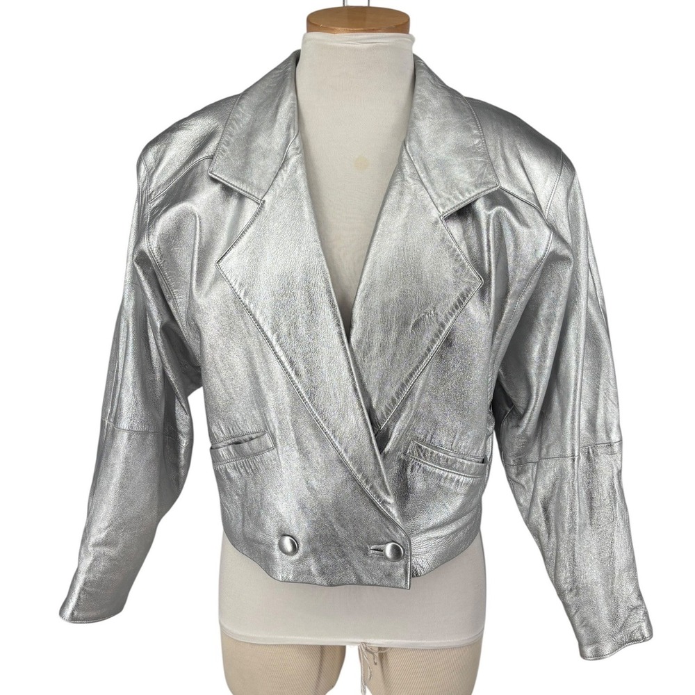 Vintage 80s Silver Leather Jacket Women M Metallic Futuristic Cropped Clubwear